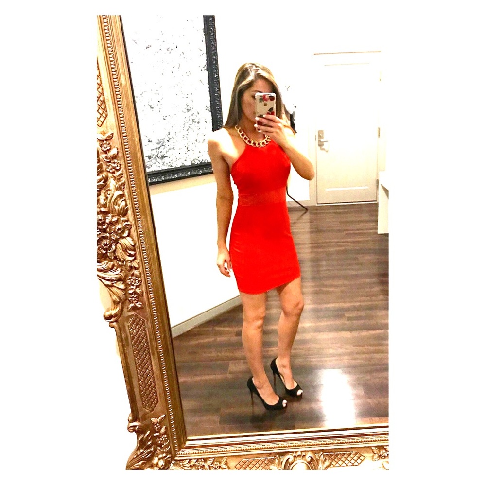 Red Jeweled Halter Sheer Fitted Cocktail Dress M